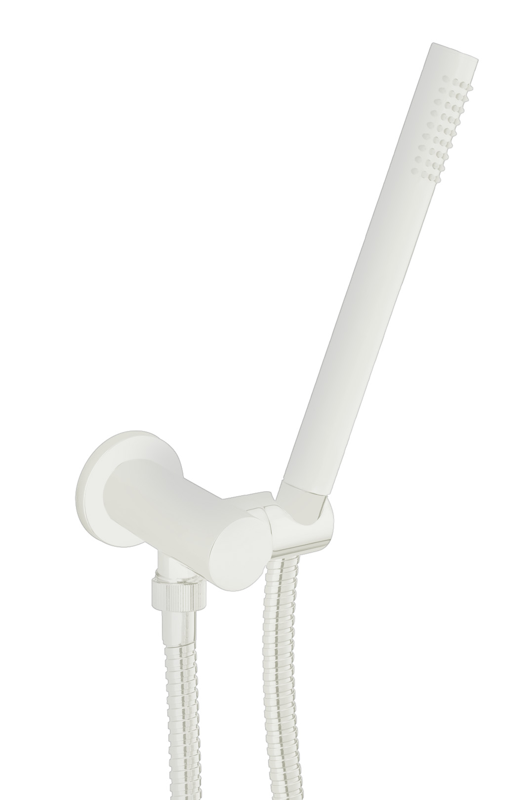 Wall water outlet with support,
flexible and brass hand shower, mat white