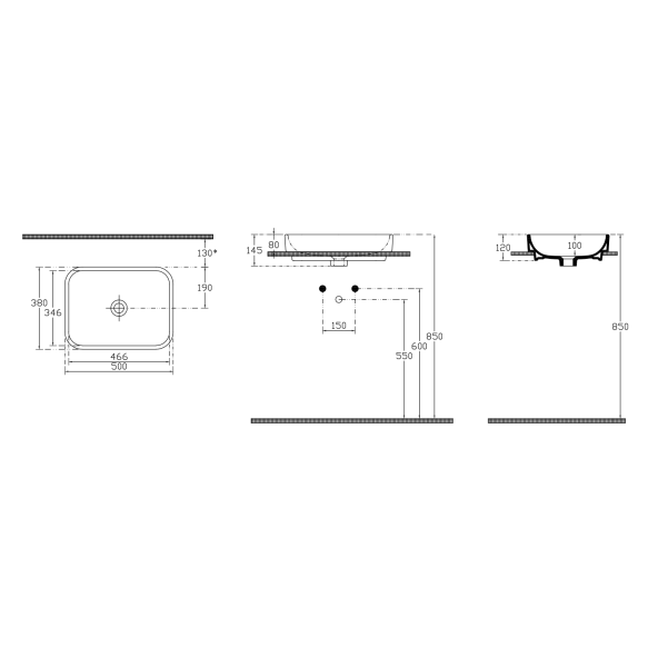 valamu töötasapinnale Sott Aqua 50x38 cm, valge