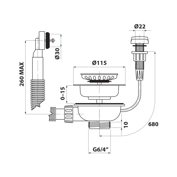 köögivalamu põhjaklapi ja ülevoolu komplekt 6/4´´, gun metal