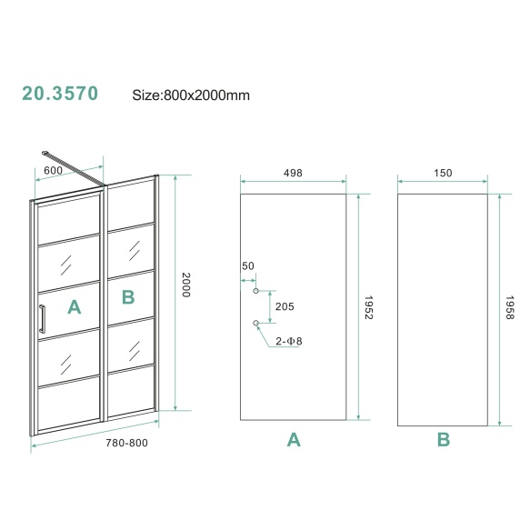 dušiuks Horizon (R/L) 80 cm, 8 mm, matt must, nanotöödeldud klaas