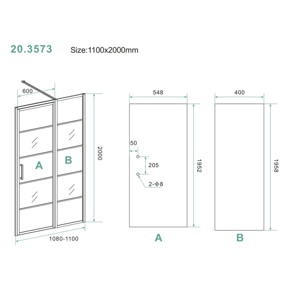 dušiuks Horizon (R/L) 110 cm, 8 mm, matt must, nanotöödeldud klaas