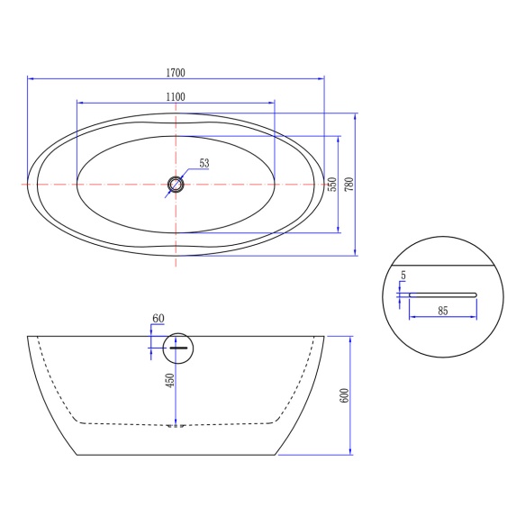 mattavalkoinen akrüüliamme Oval 170x78 cm