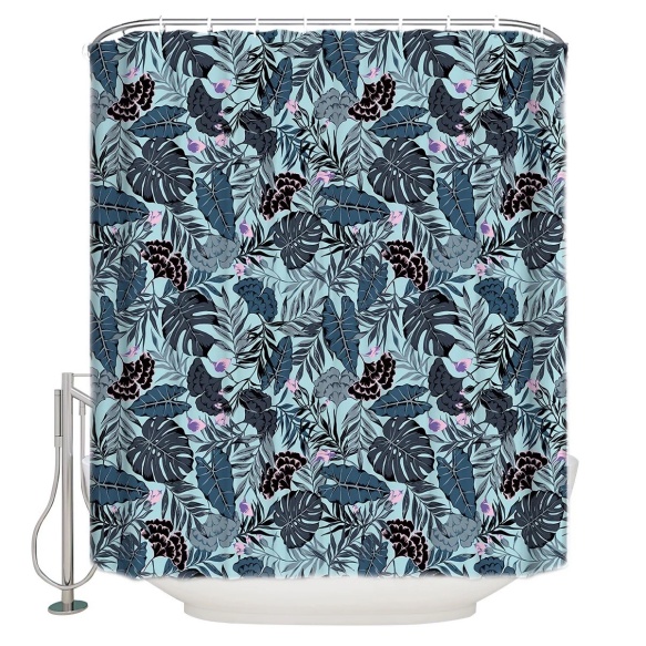 tekstiili suihkuverho Blue Florals 183x200 cm + suihkuverhon rengassetti