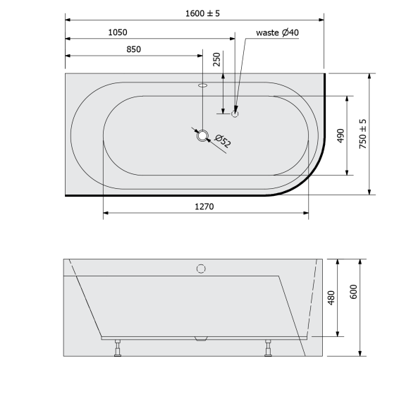 monoliitvann ASTRA L 160x75x60cm, valge