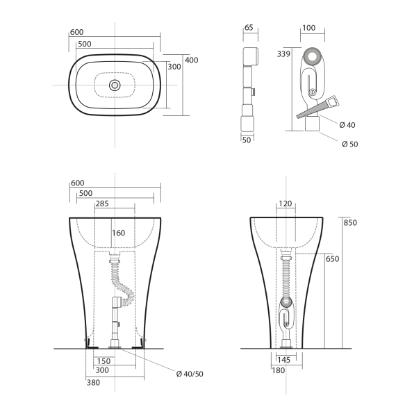 vapaasti seisova keraaminen pesuallas AQUATECH 60x85x40 cm, valkoinen