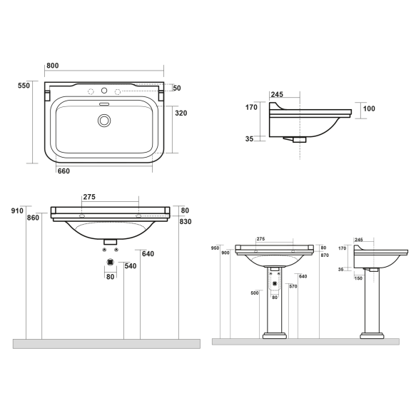 Valamu Waldorf 80x55 cm, pronks ülevool (811393+414101)