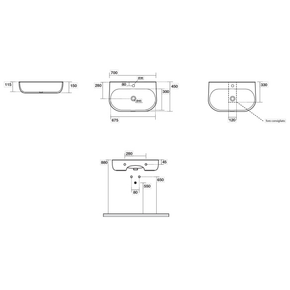 Valamu Nolita 70x45x15 cm, matt must