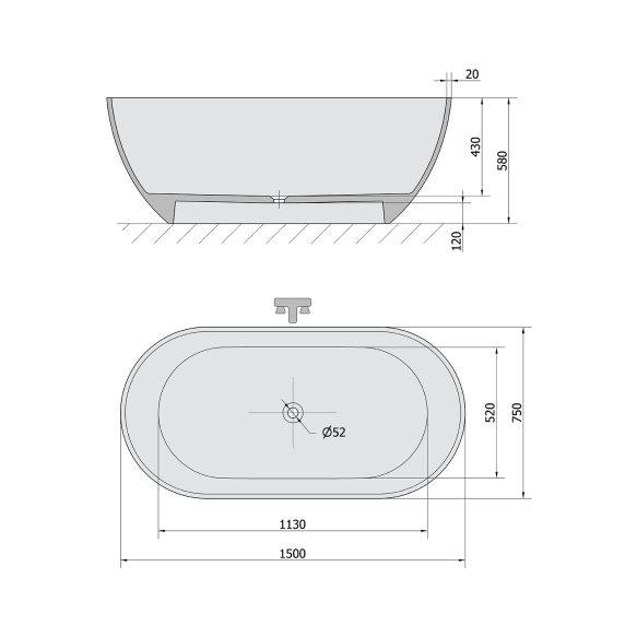 kivimassist vann Reduta 150x75x58 cm, valge/matt antratsiit