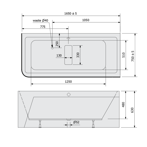 monoliitvann Marlene Curve R 165x75x63 cm, valge
