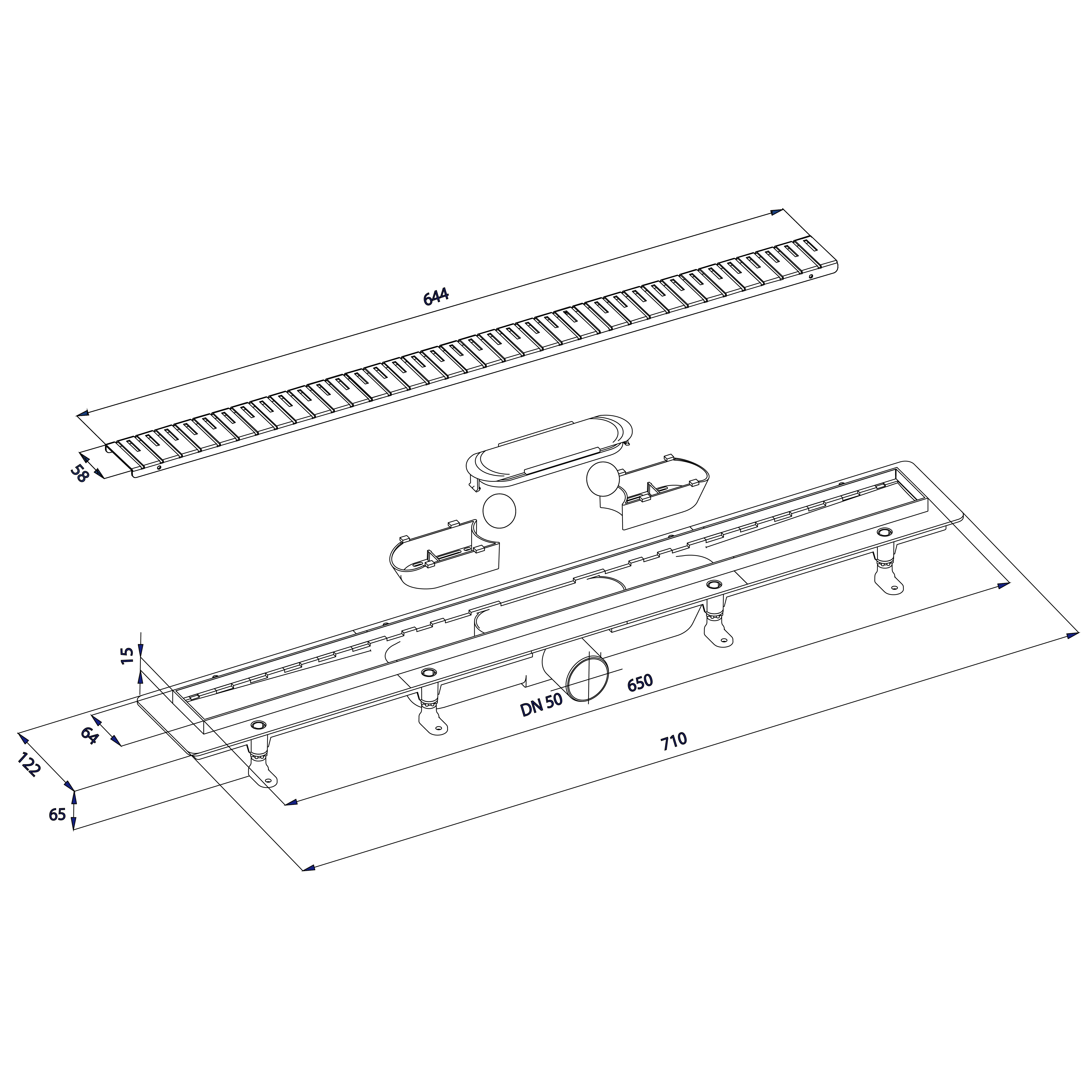 duširenn Klaver Gold roostevaba restiga, superflow, DN50, 710x122x65 mm