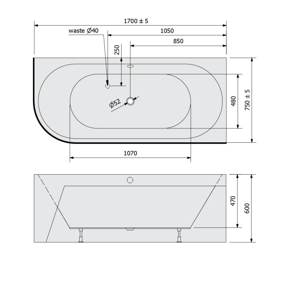 monoliitvann Viva R Asymmetric 170x75x60 cm, hall