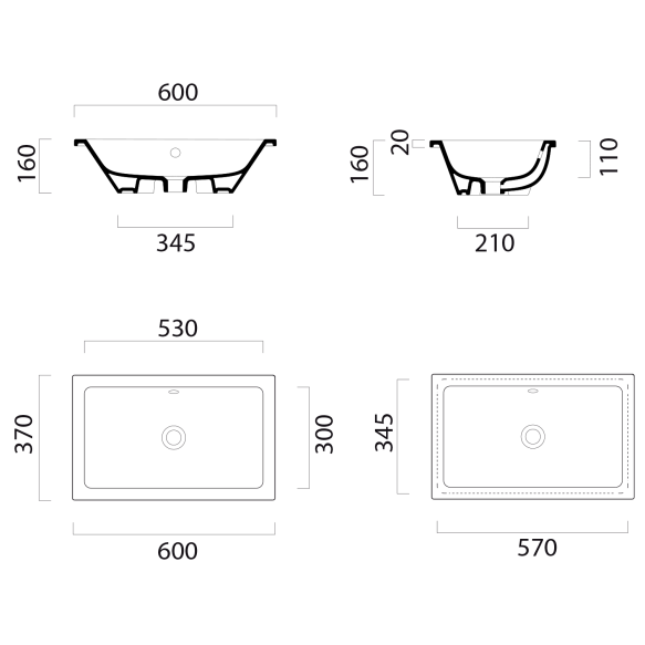 süvistatav valamu KUBE X 60x37cm,  tasaseks lihvitud põhi,  valge ExtraGlaze