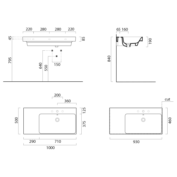 valamu NUBES 100x50cm,  L,  must matt