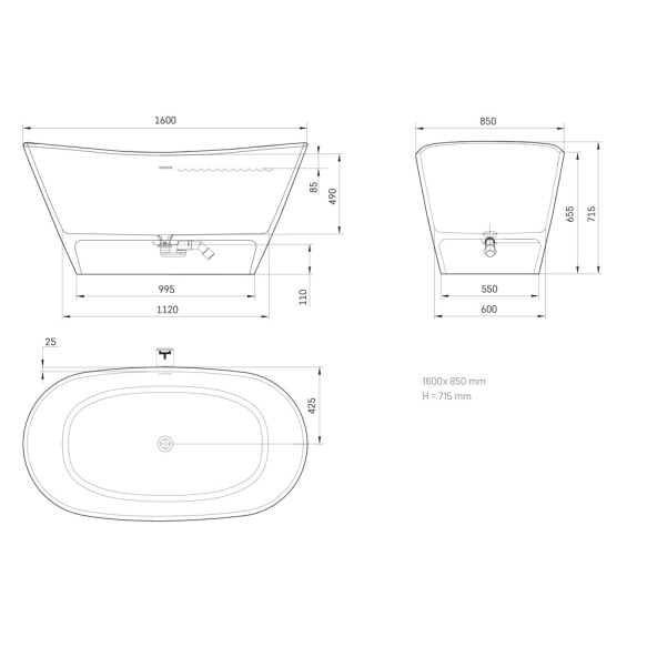 kivimassist vann Amore, peidetud sifoon/ülevooluga, glossy clay