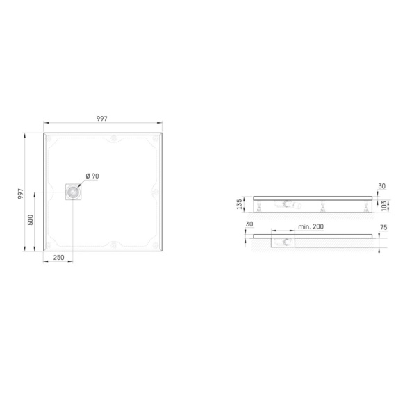 dušialus Lettera 100x100 valge, komplektis jalad, paneel ja sifoon