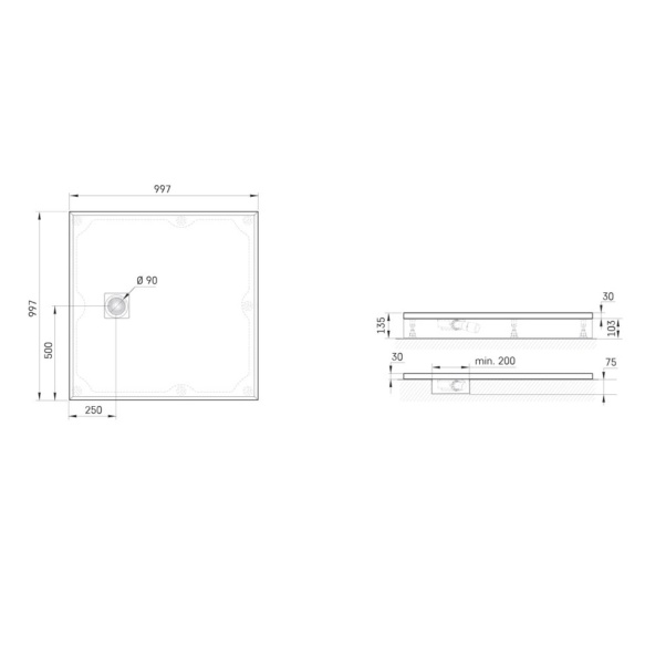 dušialus Lettera 100x100 Grey, komplektis jalad, paneel ja sifoon