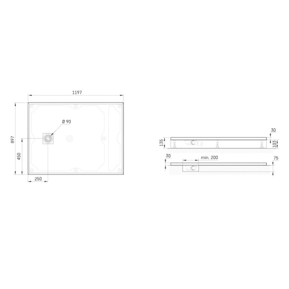 dušialus Lettera 90x120 valge, komplektis jalad, paneel ja sifoon