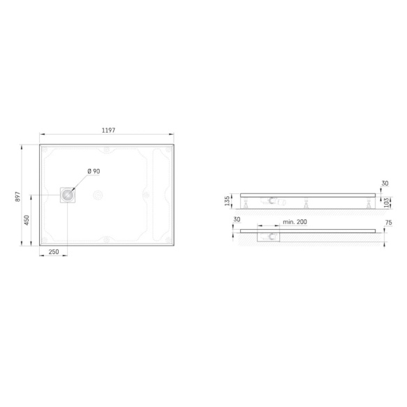 dušialus Lettera 90x120 Fog, komplektis jalad, paneel ja sifoon