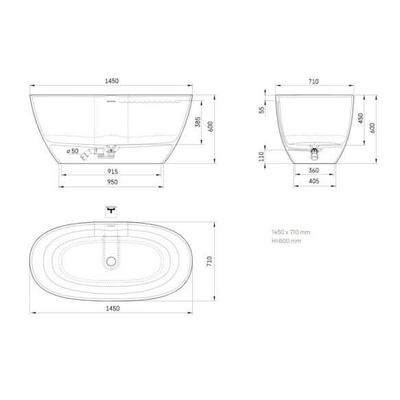 kivimassist vann Perla 145, peidetud sifoon/ülevooluga, glossy clay