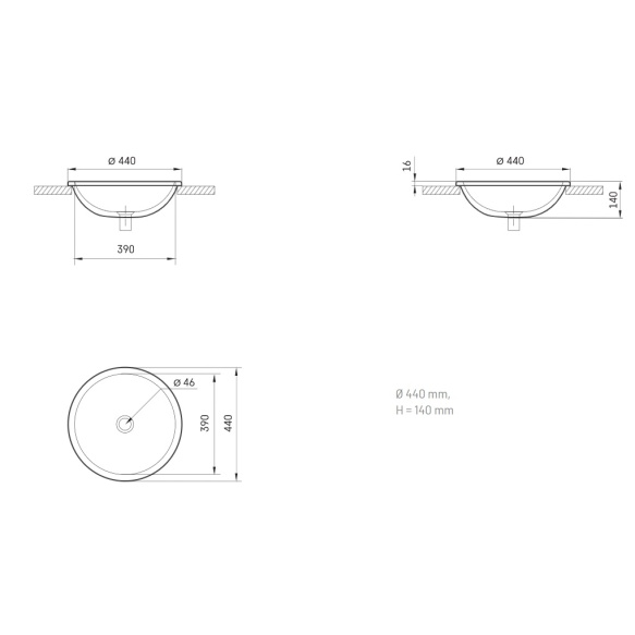 süvistatav silkstone valamu Round In, tööpinnale, matt grafiit