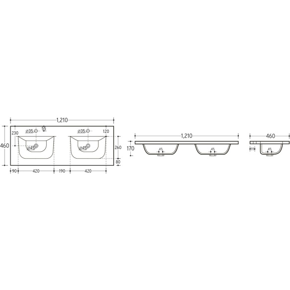 mööblivalamu Waves Double 120x46 cm, matt must