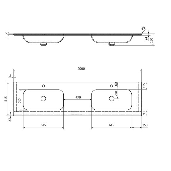 valamu ARUBA Double Central, 200x51.5 cm, valge matt