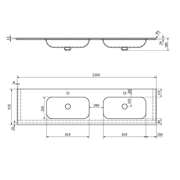 valamu ARUBA R, 220x51.5 cm, valge matt