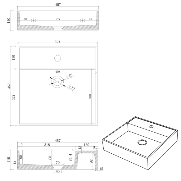 betoonist valamu Quadrado, 46x46x11 cm, must graniit, komplekti kuulub põhjaklapp