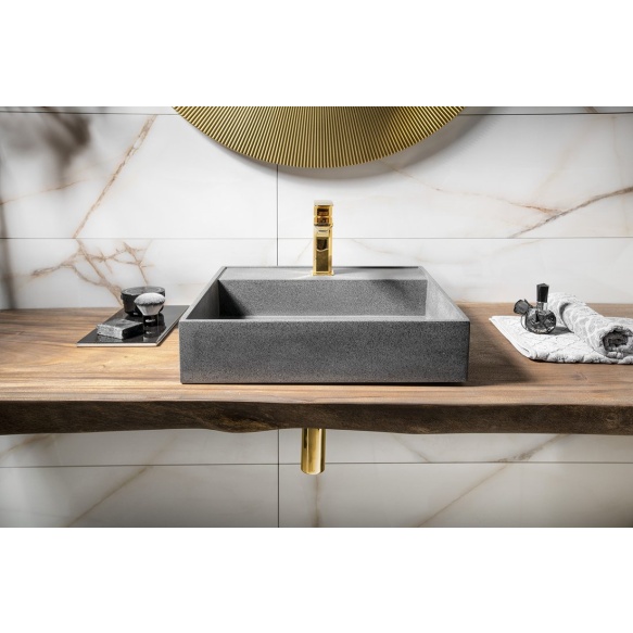 betoonist valamu Quadrado, 46x46x11 cm, must graniit, komplekti kuulub põhjaklapp