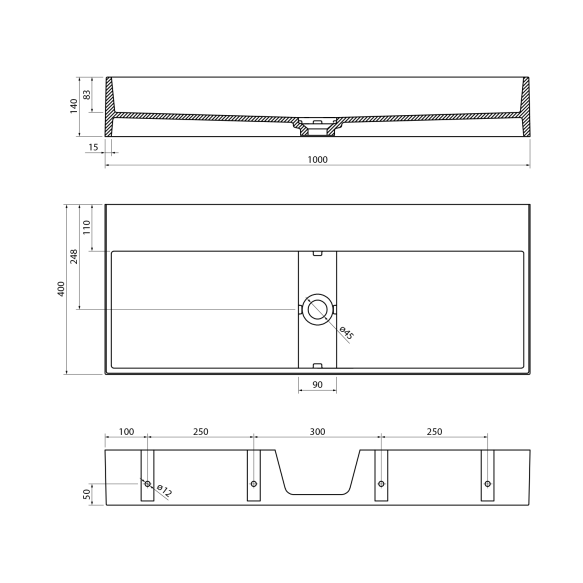 kivimassist valamu ilma segistiavata Cubis 100x40 cm, valge