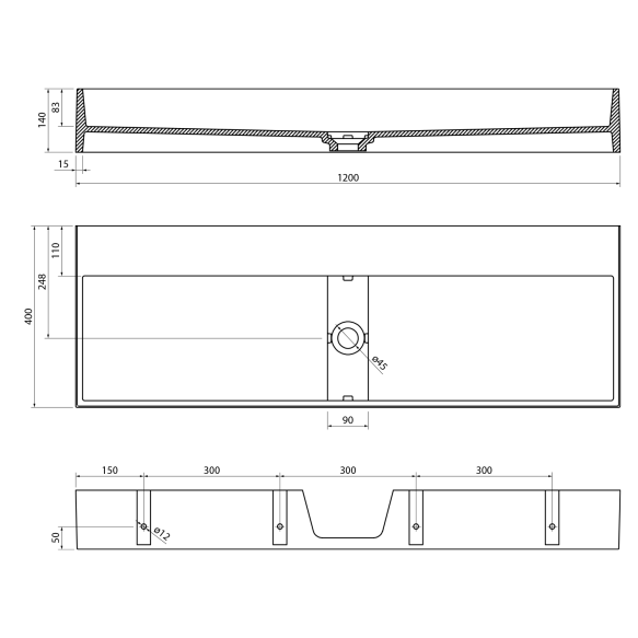 kivimassist valamu ilma segistiavata Cubis 120x40 cm, valge