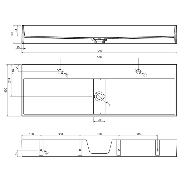 kivimassist valamu ilma 2 segistiavaga Cubis 120x40 cm, valge