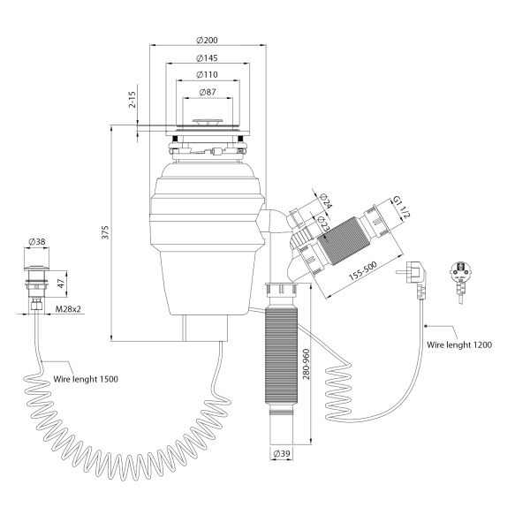 köögivalamu jäätmepurusti, 230 V, 375 W, pneumaatilise lülitiga