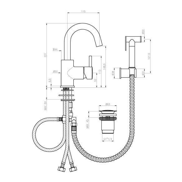 Pesuallashana + pohjaventtiili ja bidetta Form A, kääntyvä juoksuputki, ruusukulta