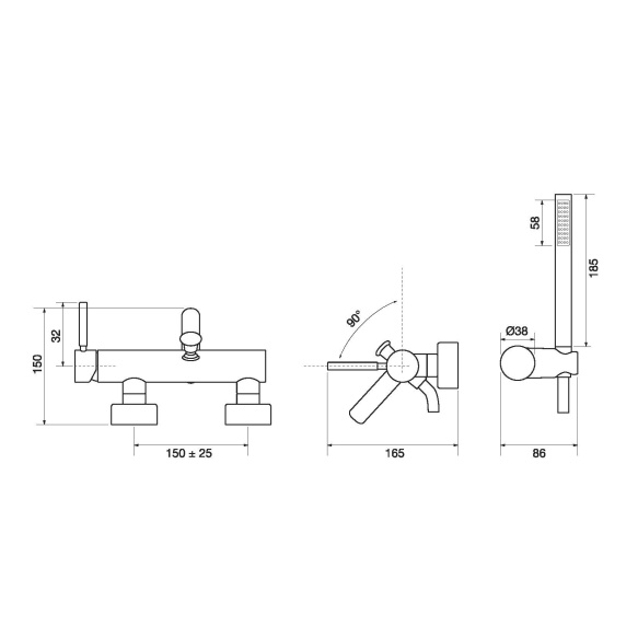 ammehana Form A, käsisuihkusetin kera, PVD harjattu messinki