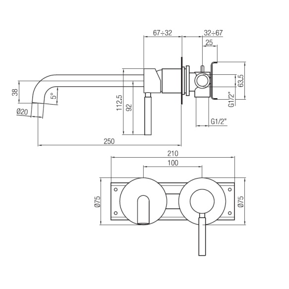 upotettava pesuallashana Form A seinälle, 25 cm juoksuputki,  PVD harjattu messinki