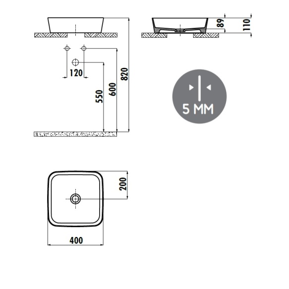 pesuallas Creavit Loop pöytätasolle, 40x40 cm, valkoinen