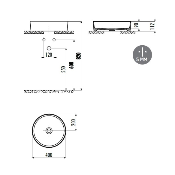 pyöreä pesuallas Creavit Loop pöytätasolle, 40x40 cm, valkoinen