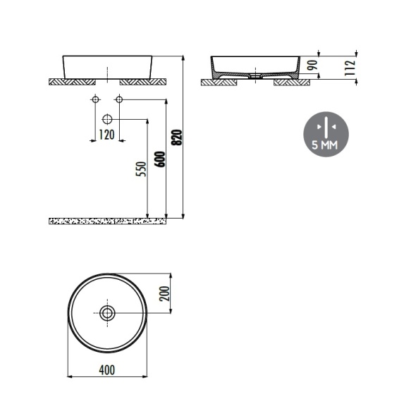 pyöreä pesuallas Creavit Loop pöytätasolle, 45x45 cm, antrasiitti