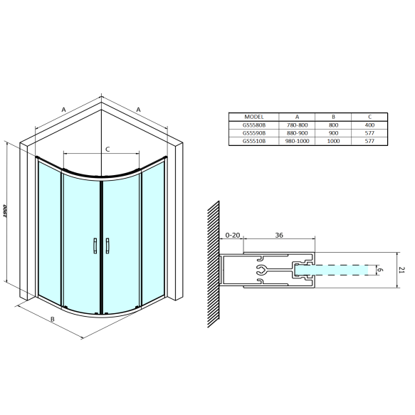 Dušikaar SIGMA SIMPLY BLACK 800x800mm, R550, kirgas klaas