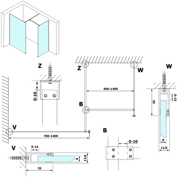 dušisein Vario 1000x2000 mm, ribiklaas