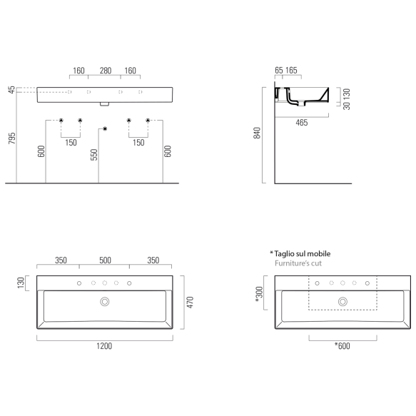 Keraaminen allas  KUBE X 120x47 cm, 2 reikää hanoille, valkoinen ExtraGlaze