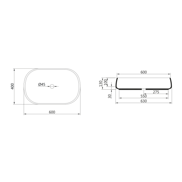 keraamiline valamu tööpinnale JUMPER 60x13x40 cm