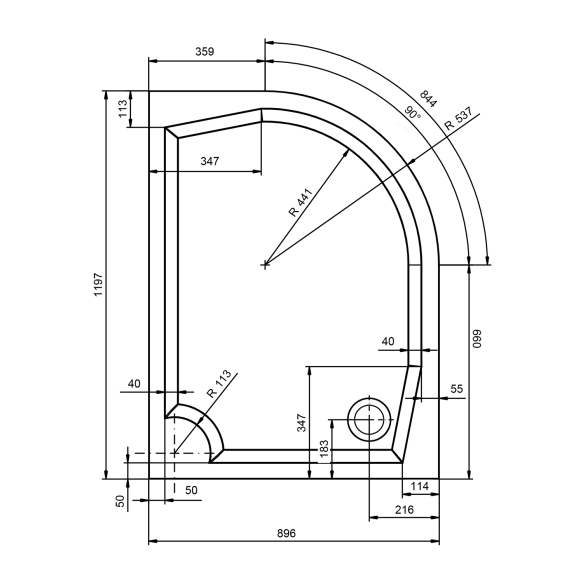 Kivimassa suihkuallas RIVA  120x90 cm, vasen
