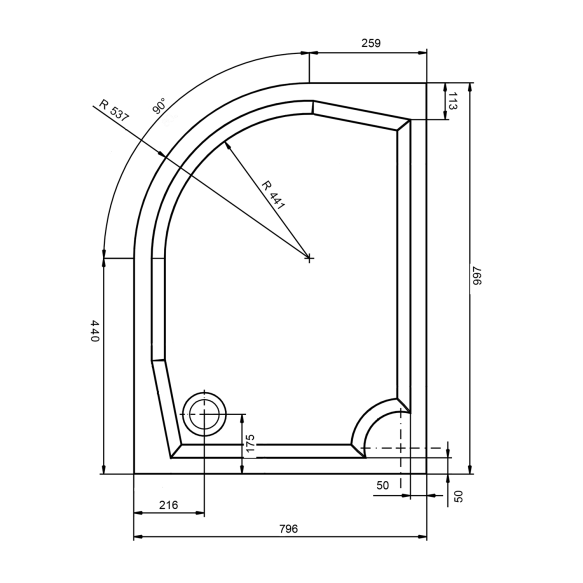 Kaareva kivimassa suihkuallas RIVA , 100x80cm, oikea