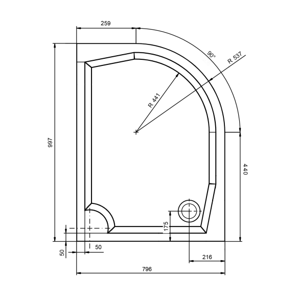 Kaareva kivimassa suihkuallas RIVA , 100x80cm, vasen