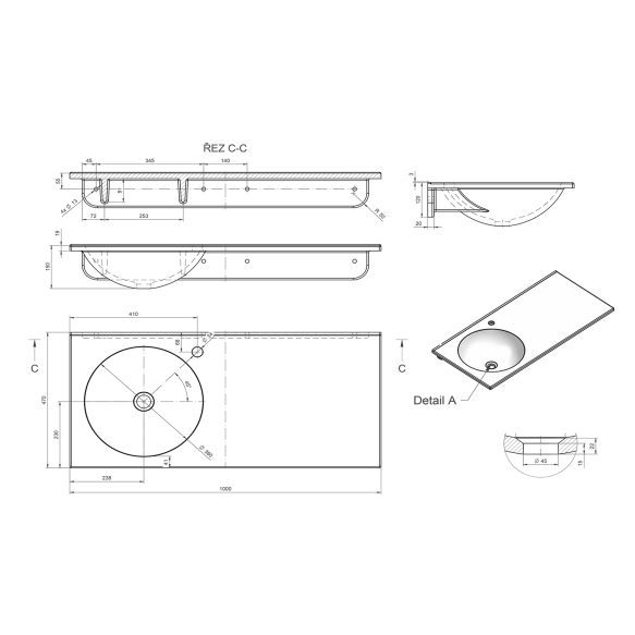 kivimassist valamu JUNO 100x15x47cm, valge, vasak