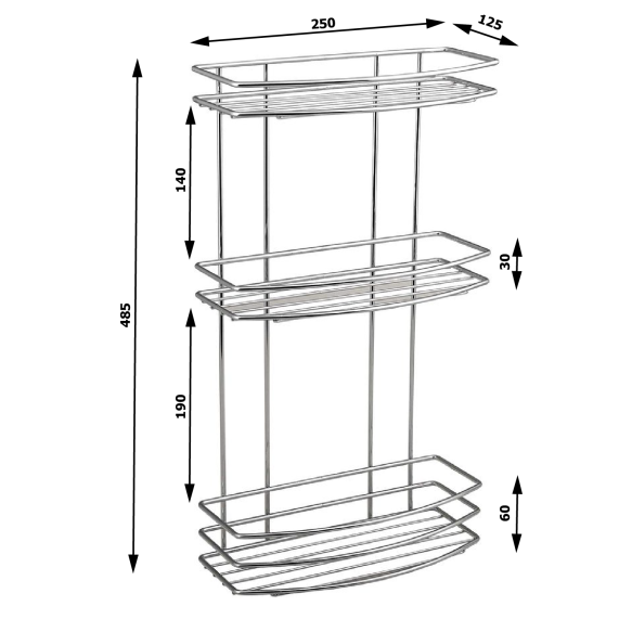 Kolmitasoinen suihkuhylly CHROM LINE, kromi