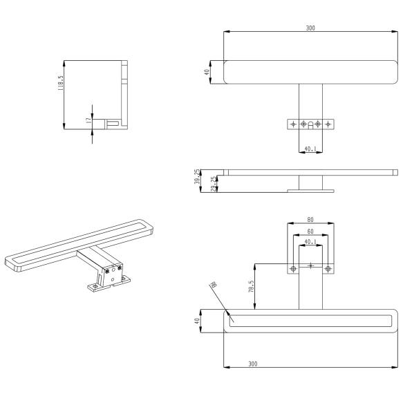 MIRAKA LED valgusti 5W, 230V, 300x35x120mm, akrüül + kroom