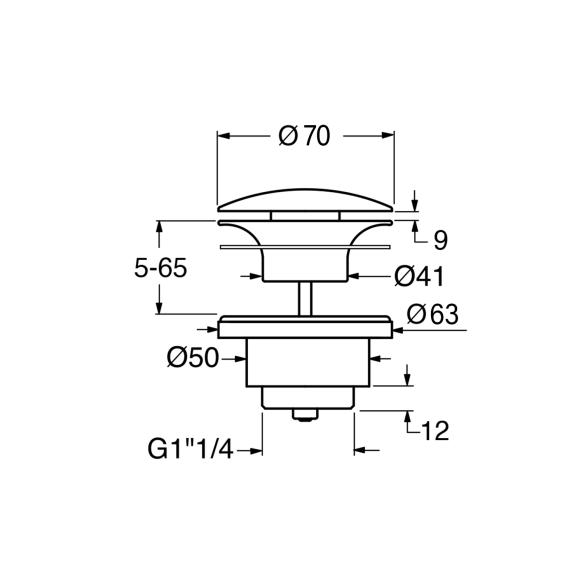 Pohjaventiili ilman ylivirtausta altaalle GSI, 5/4“, (H) 5-65 mm, keraaminen nappi/matta musta